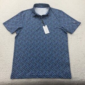 Maelreg Mens Performance Golf Polo Shirt Blue Geometric Diamond Print Small NEW